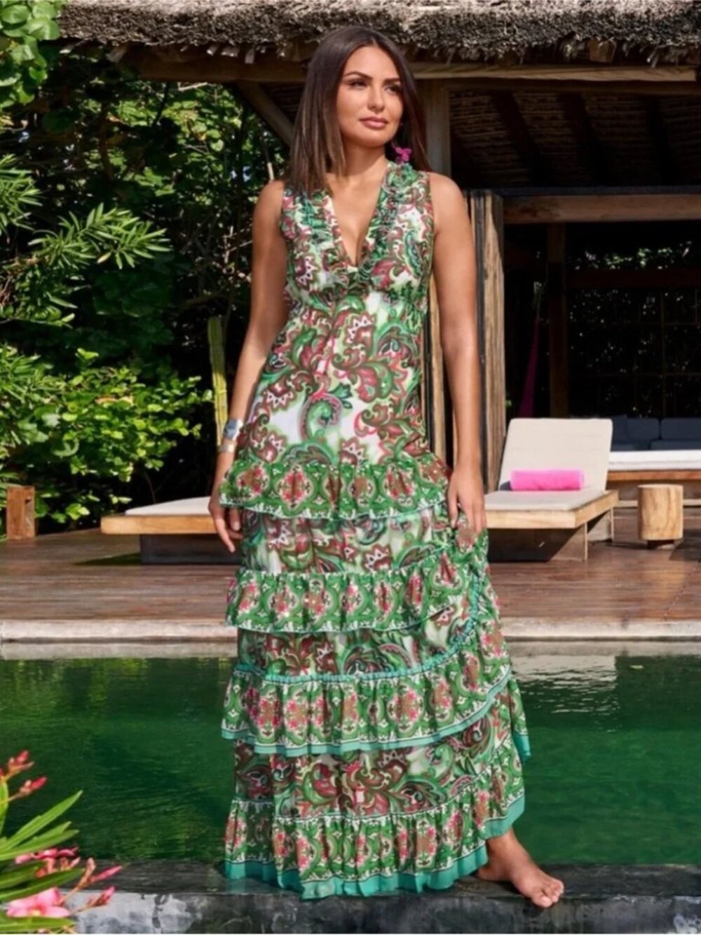 Boston Proper Palma De Scrolls Print Ruffle Tiered Maxi Dress Sequin Large NWT